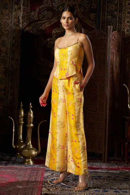 17:17 By Simmi Saboo_Yellow Raw Silk Embellished Sequin Scoop Floral Corset And Pant Set _Online_at_Aza_Fashions