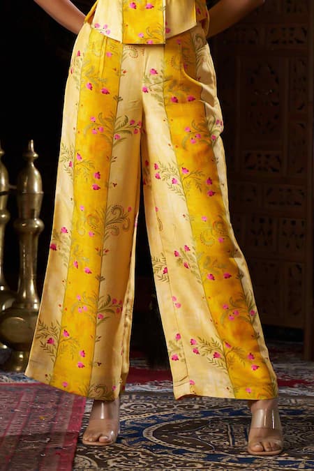 Buy_17:17 By Simmi Saboo_Yellow Raw Silk Embellished Sequin Scoop Floral Corset And Pant Set _Online_at_Aza_Fashions