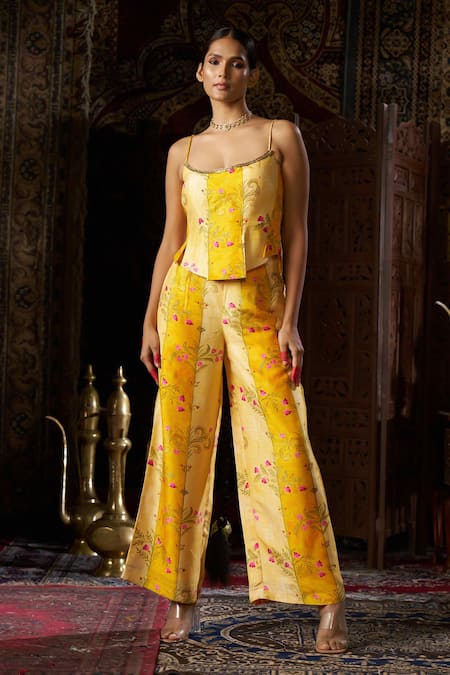 Shop_17:17 By Simmi Saboo_Yellow Raw Silk Embellished Sequin Scoop Floral Corset And Pant Set _Online_at_Aza_Fashions