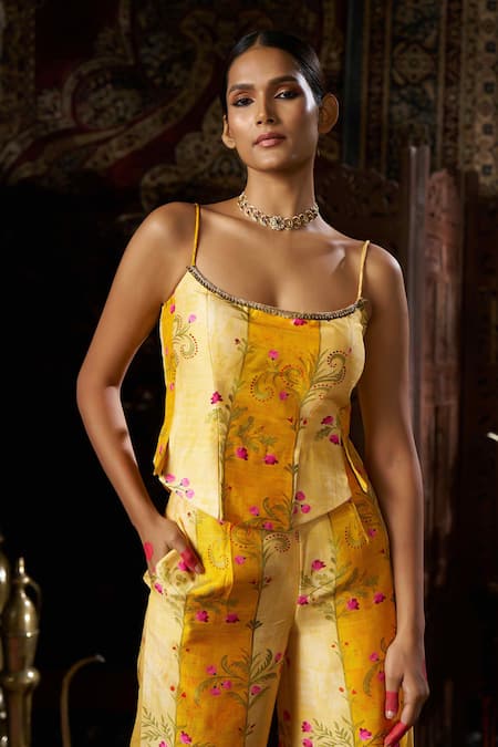 17:17 By Simmi Saboo_Yellow Raw Silk Embellished Sequin Scoop Floral Corset And Pant Set _at_Aza_Fashions