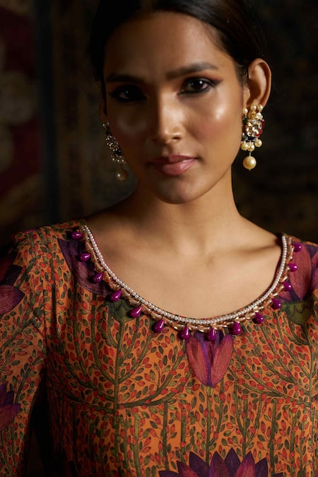 17:17 By Simmi Saboo_Yellow Raw Silk Embellished Pearl Round Floral Printed Kurta Set _at_Aza_Fashions