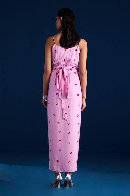 Shop Aapro Pink Modal Sweetheart , Cowl Bandhani Twist Draped Maxi Dress at Aza Fashions Shop_Aapro_Pink Modal Sweetheart , Cowl Bandhani Twist Draped Maxi Dress _at_Aza_Fashions