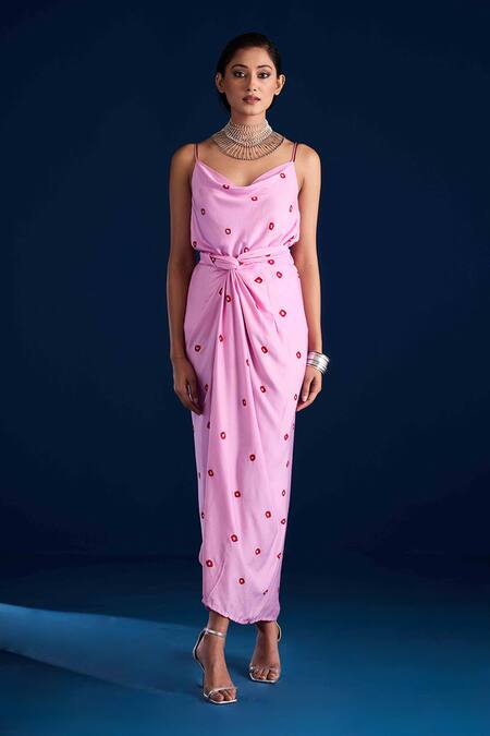 Aapro Pink Modal Sweetheart , Cowl Bandhani Twist Draped Maxi Dress Online at Aza Fashions Aapro_Pink Modal Sweetheart , Cowl Bandhani Twist Draped Maxi Dress _Online_at_Aza_Fashions
