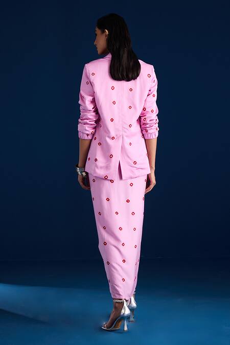 Shop Aapro Pink Satin, Modal Embroidery Draped Bandhani Dress With Matching Blazer at Aza Fashions Shop_Aapro_Pink Satin, Modal Embroidery Draped Bandhani Dress With Matching Blazer _at_Aza_Fashions