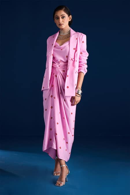 Aapro Pink Satin, Modal Embroidery Draped Bandhani Dress With Matching Blazer Online at Aza Fashions Aapro_Pink Satin, Modal Embroidery Draped Bandhani Dress With Matching Blazer _Online_at_Aza_Fashions