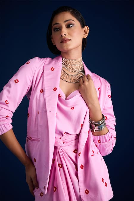 Buy Aapro Pink Satin, Modal Embroidery Draped Bandhani Dress With Matching Blazer Online at Aza Fashions Buy_Aapro_Pink Satin, Modal Embroidery Draped Bandhani Dress With Matching Blazer _Online_at_Aza_Fashions