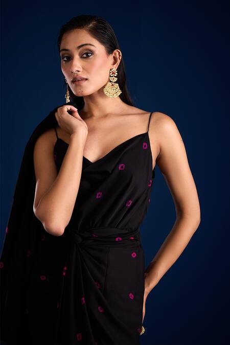 Aapro_Black Modal Sweetheart Neck Bandhani Draped Maxi Dress _Online_at_Aza_Fashions