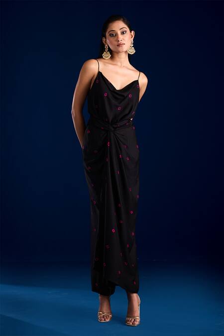 Buy_Aapro_Black Modal Sweetheart Neck Bandhani Draped Maxi Dress _Online_at_Aza_Fashions