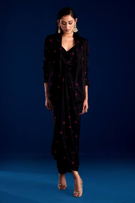 Aapro_Black Modal Embroidery Sweetheart Neck Tie-dye Draped Dress And Blazer Set _Online_at_Aza_Fashions