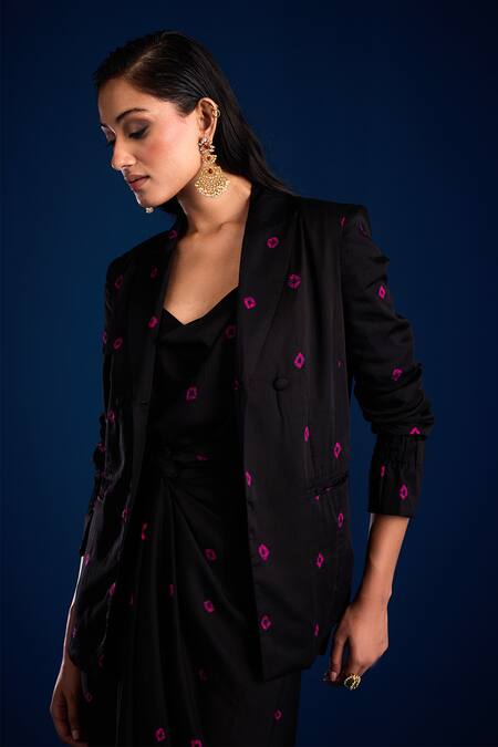 Buy_Aapro_Black Modal Embroidery Sweetheart Neck Tie-dye Draped Dress And Blazer Set _Online_at_Aza_Fashions