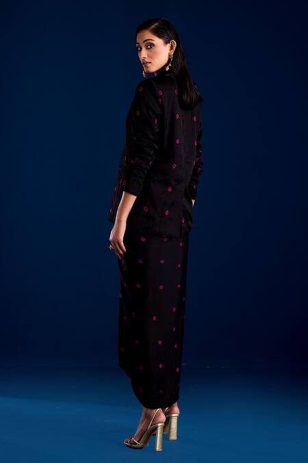 Shop_Aapro_Black Modal Embroidery Sweetheart Neck Tie-dye Draped Dress And Blazer Set _Online_at_Aza_Fashions