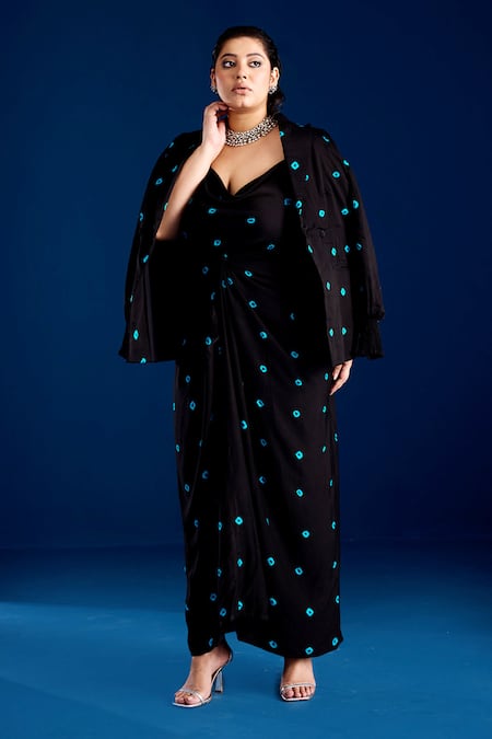 Aapro Black Modal Embroidery Sweetheart Neck Draped Bandhani Dress And Blazer Set Online at Aza Fashions Aapro_Black Modal Embroidery Sweetheart Neck Draped Bandhani Dress And Blazer Set _Online_at_Aza_Fashions