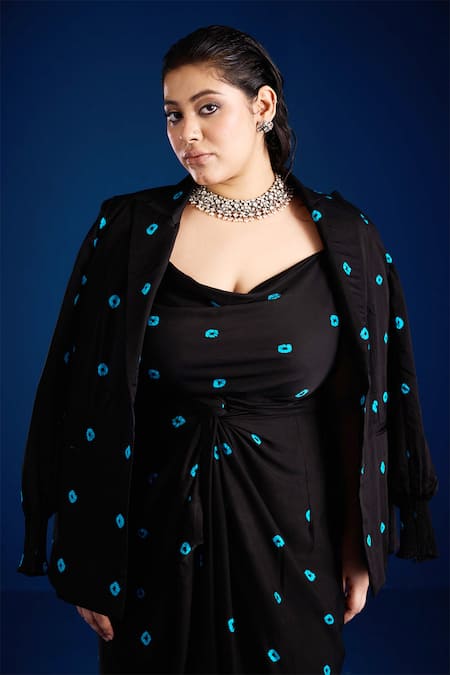 Buy Aapro Black Modal Embroidery Sweetheart Neck Draped Bandhani Dress And Blazer Set Online at Aza Fashions Buy_Aapro_Black Modal Embroidery Sweetheart Neck Draped Bandhani Dress And Blazer Set _Online_at_Aza_Fashions