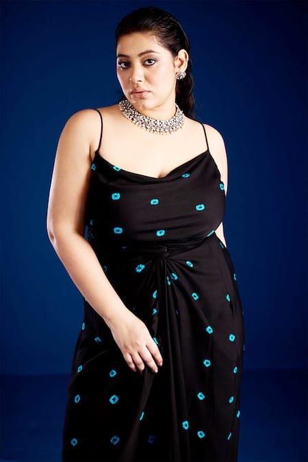 Aapro Black Modal Sweetheart , Cowl Draped Tie-dye Bandhani Dress Online at Aza Fashions Aapro_Black Modal Sweetheart , Cowl Draped Tie-dye Bandhani Dress _Online_at_Aza_Fashions