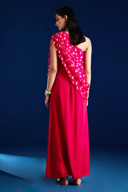 Shop Aapro Pink Silk, Cotton One Shoulder Leheriya Draped Maxi Dress at Aza Fashions Shop_Aapro_Pink Silk, Cotton One Shoulder Leheriya Draped Maxi Dress _at_Aza_Fashions
