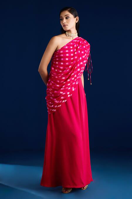 Buy Aapro Pink Silk, Cotton One Shoulder Leheriya Draped Maxi Dress Online at Aza Fashions Buy_Aapro_Pink Silk, Cotton One Shoulder Leheriya Draped Maxi Dress _Online_at_Aza_Fashions