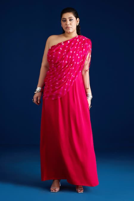 Shop Aapro Pink Silk, Cotton One Shoulder Leheriya Draped Maxi Dress Online at Aza Fashions Shop_Aapro_Pink Silk, Cotton One Shoulder Leheriya Draped Maxi Dress _Online_at_Aza_Fashions