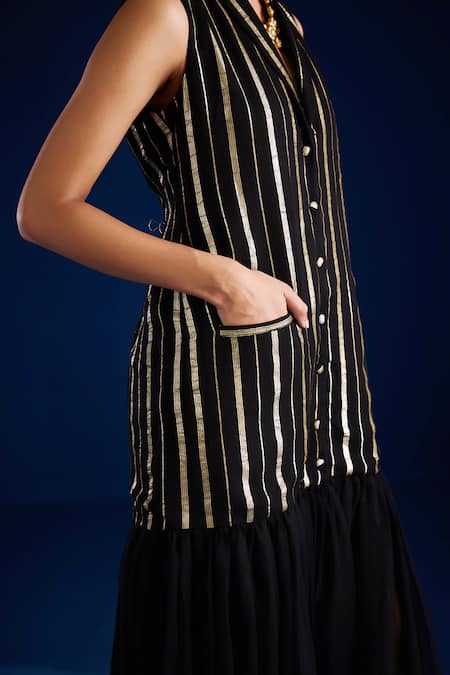 Aapro_Black Vegan Georgette Stripe Lapel Collar Jacket Dress _Online_at_Aza_Fashions