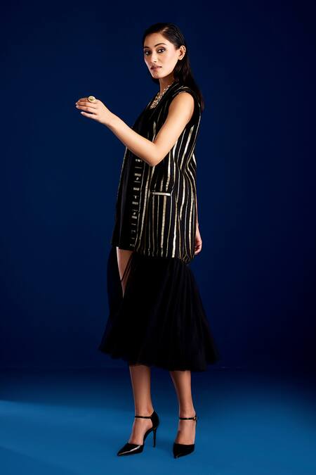 Buy_Aapro_Black Vegan Georgette Stripe Lapel Collar Jacket Dress _Online_at_Aza_Fashions