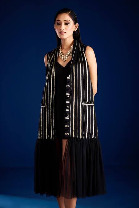 Shop_Aapro_Black Vegan Georgette Stripe Lapel Collar Jacket Dress _Online_at_Aza_Fashions