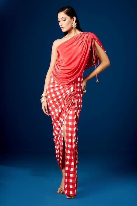 Aapro_Red Velvet Beads One Shoulder Checkered Draped Dress _Online_at_Aza_Fashions
