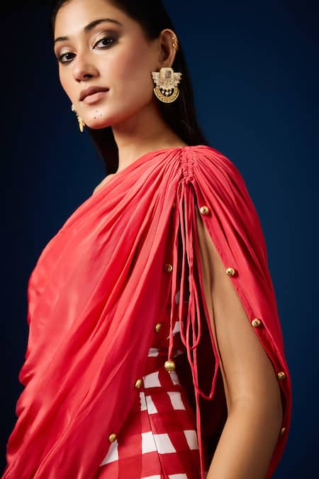 Buy_Aapro_Red Velvet Beads One Shoulder Checkered Draped Dress _Online_at_Aza_Fashions