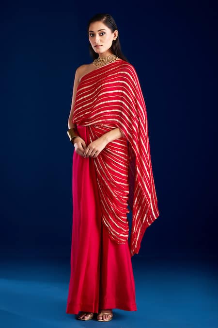 Aapro_Red Soft Modal Cotton Satin Woven Stripe One Shoulder Concept Saree Gown _Online_at_Aza_Fashions