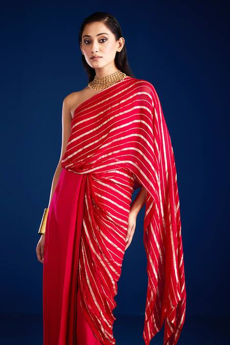 Buy_Aapro_Red Soft Modal Cotton Satin Woven Stripe One Shoulder Concept Saree Gown _Online_at_Aza_Fashions