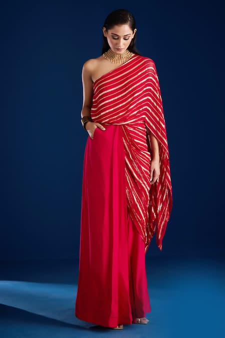 Shop_Aapro_Red Soft Modal Cotton Satin Woven Stripe One Shoulder Concept Saree Gown _Online_at_Aza_Fashions