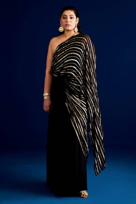 Aapro_Black One Shoulder Striped Concept Saree Gown _Online_at_Aza_Fashions