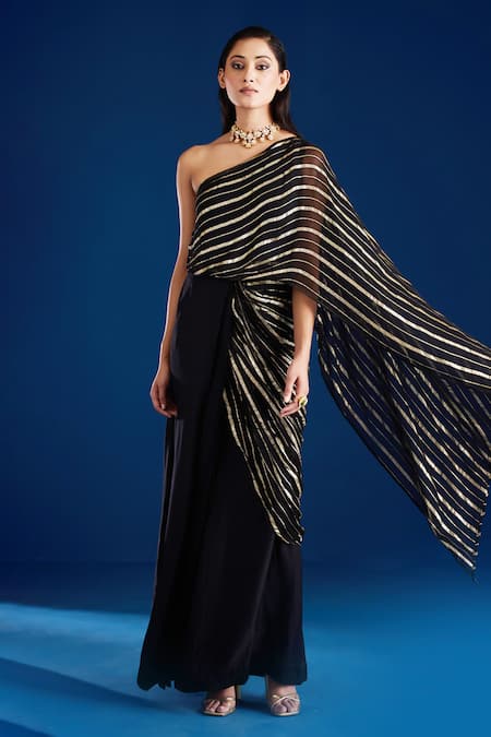 Buy_Aapro_Black One Shoulder Striped Concept Saree Gown _Online_at_Aza_Fashions