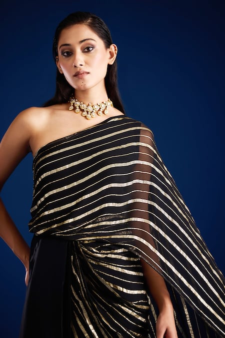 Shop_Aapro_Black One Shoulder Striped Concept Saree Gown _Online_at_Aza_Fashions