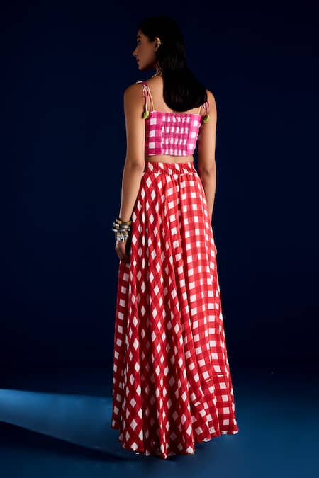 Shop_Aapro_Pink 100% Cotton Checks Sweetheart Checkered Slit Skirt And Bustier Set _at_Aza_Fashions