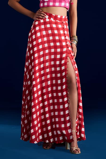 Aapro_Pink 100% Cotton Checks Sweetheart Checkered Slit Skirt And Bustier Set _Online_at_Aza_Fashions