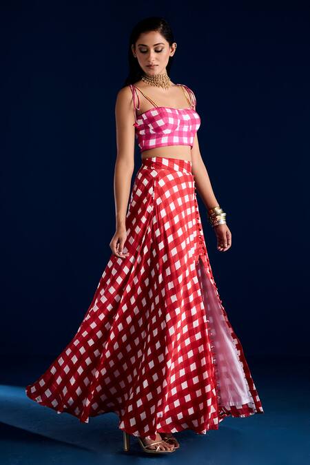 Shop_Aapro_Pink 100% Cotton Checks Sweetheart Checkered Slit Skirt And Bustier Set _Online_at_Aza_Fashions