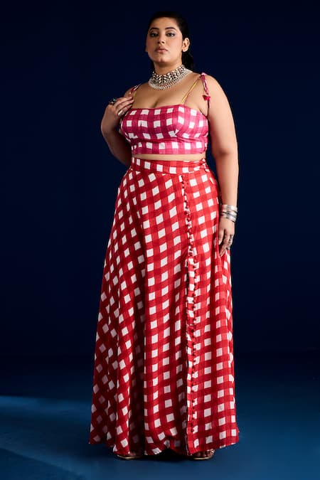 Aapro_Pink 100% Cotton Checks Sweetheart Checkered Slit Skirt And Bustier Set _at_Aza_Fashions