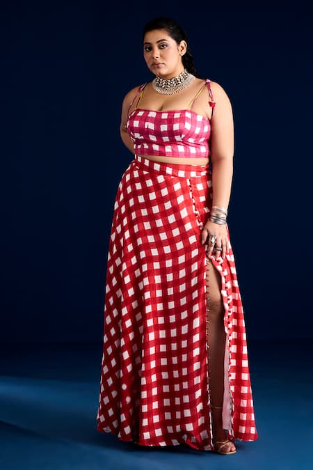 Buy_Aapro_Pink 100% Cotton Checks Sweetheart Checkered Slit Skirt And Bustier Set 
