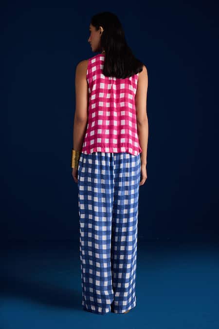 Shop Aapro Pink Cotton Round Neck Checkered High-low Top And Box-pleated Pant at Aza Fashions Shop_Aapro_Pink Cotton Round Neck Checkered High-low Top And Box-pleated Pant _at_Aza_Fashions