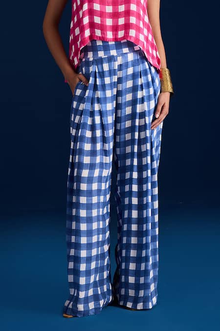 Buy Aapro Pink Cotton Round Neck Checkered High-low Top And Box-pleated Pant Online at Aza Fashions Buy_Aapro_Pink Cotton Round Neck Checkered High-low Top And Box-pleated Pant _Online_at_Aza_Fashions