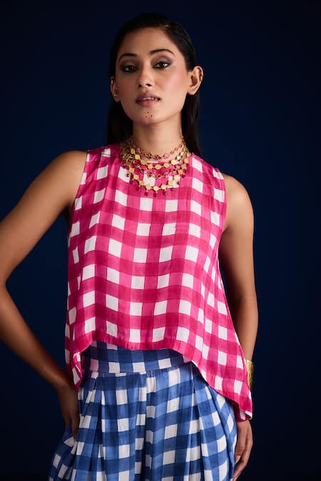 Shop Aapro Pink Cotton Round Neck Checkered High-low Top And Box-pleated Pant Online at Aza Fashions Shop_Aapro_Pink Cotton Round Neck Checkered High-low Top And Box-pleated Pant _Online_at_Aza_Fashions