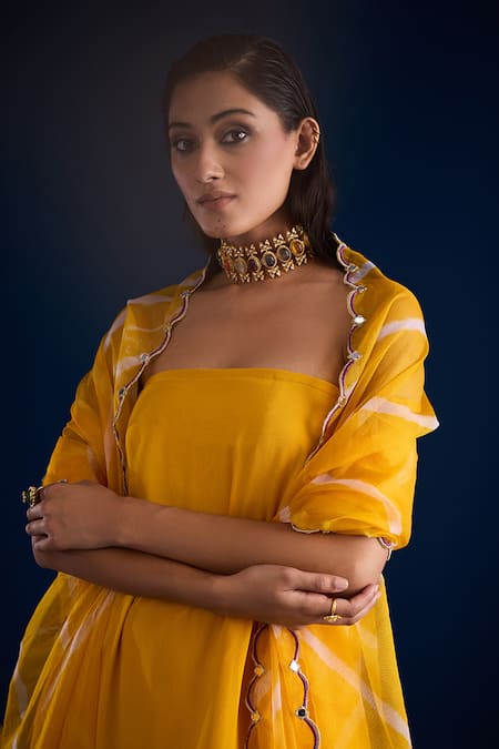Shop_Aapro_Yellow Velvet, Organza Embroidery Bandeau Neck Tube Kurta Pant Set _Online_at_Aza_Fashions
