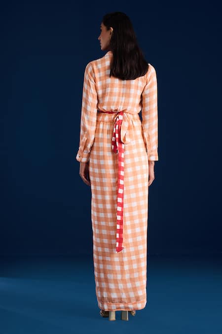 Shop Aapro Red Viscose Collared Peach And Checkered Maxi Dress at Aza Fashions Shop_Aapro_Red Viscose Collared Peach And Checkered Maxi Dress _at_Aza_Fashions