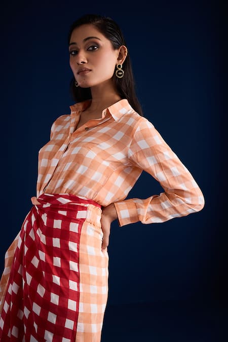 Aapro Red Viscose Collared Peach And Checkered Maxi Dress Online at Aza Fashions Aapro_Red Viscose Collared Peach And Checkered Maxi Dress _Online_at_Aza_Fashions