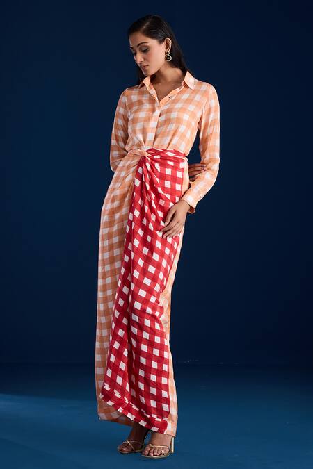 Buy Aapro Red Viscose Collared Peach And Checkered Maxi Dress Online at Aza Fashions Buy_Aapro_Red Viscose Collared Peach And Checkered Maxi Dress _Online_at_Aza_Fashions
