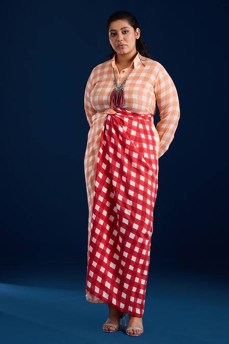 Shop Aapro Red Viscose Collared Peach And Checkered Maxi Dress Online at Aza Fashions Shop_Aapro_Red Viscose Collared Peach And Checkered Maxi Dress _Online_at_Aza_Fashions