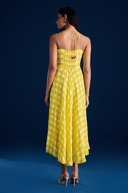 Shop_Aapro_Yellow Vegan Crepe Printed Checkered Notched Midi Dress _at_Aza_Fashions