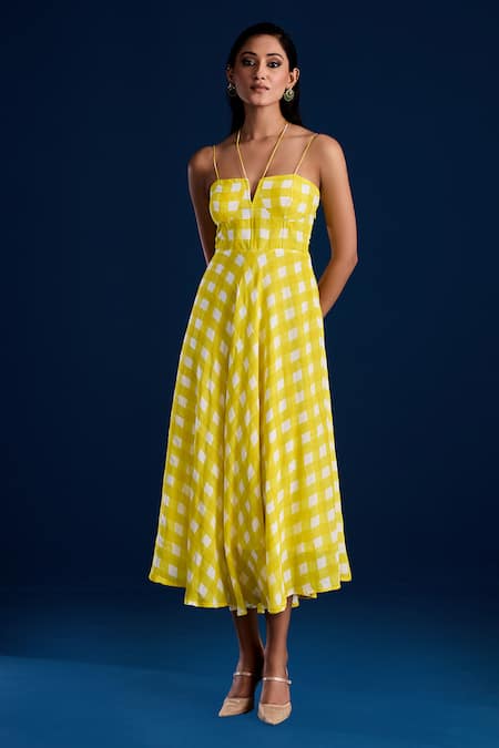 Aapro_Yellow Vegan Crepe Printed Checkered Notched Midi Dress _Online_at_Aza_Fashions
