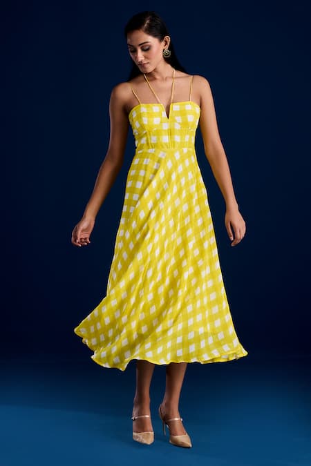 Buy_Aapro_Yellow Vegan Crepe Printed Checkered Notched Midi Dress _Online_at_Aza_Fashions