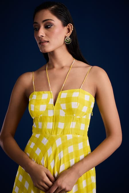 Shop_Aapro_Yellow Vegan Crepe Printed Checkered Notched Midi Dress _Online_at_Aza_Fashions