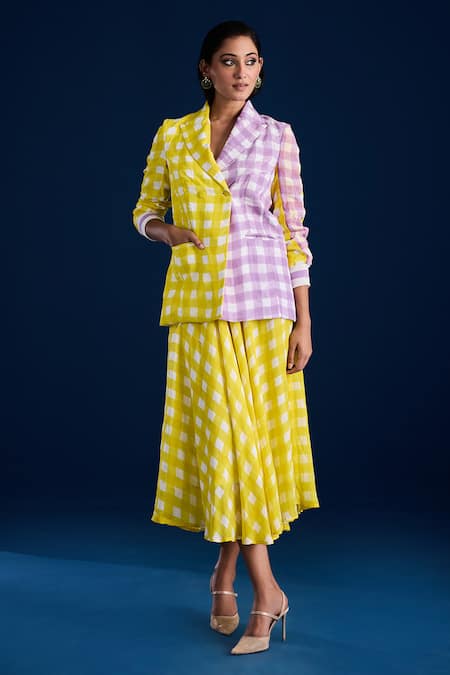 Shop_Aapro_Yellow Velvet Checkered Blazer And Printed Dress Set _at_Aza_Fashions